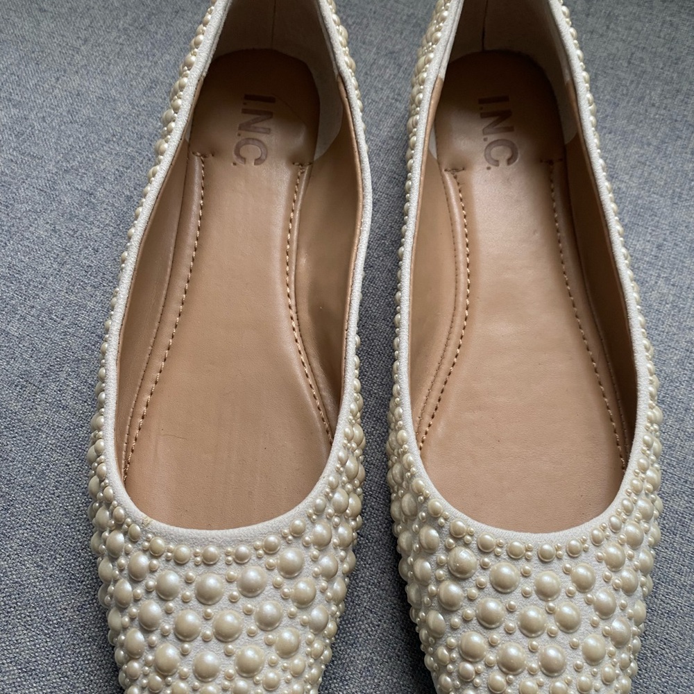 INC International Concepts Women's Cream Pearl Embellished Flats